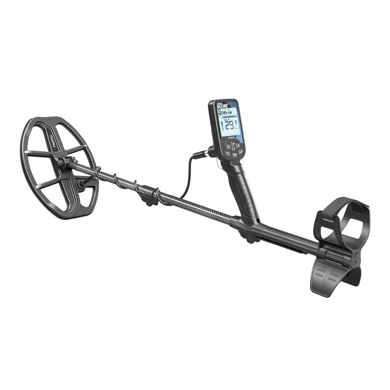 A black metal detector with a large circular coil, long handle, built-in flashlight, and foot rest, shown on a clean white background.