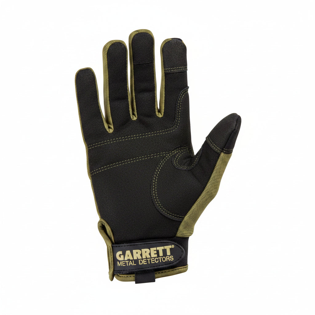 A pair of black and green Garrett metal detecting gloves with foam padding on the palm and knuckle areas, and touchscreen-capable fingertips.