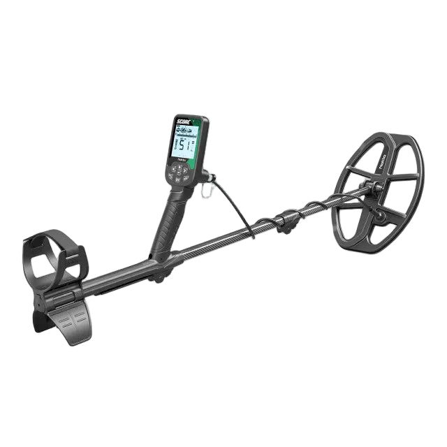 A black metal detector with a digital display screen, control handle, belt clip, and large coil wheel, shown on a clean white background.
