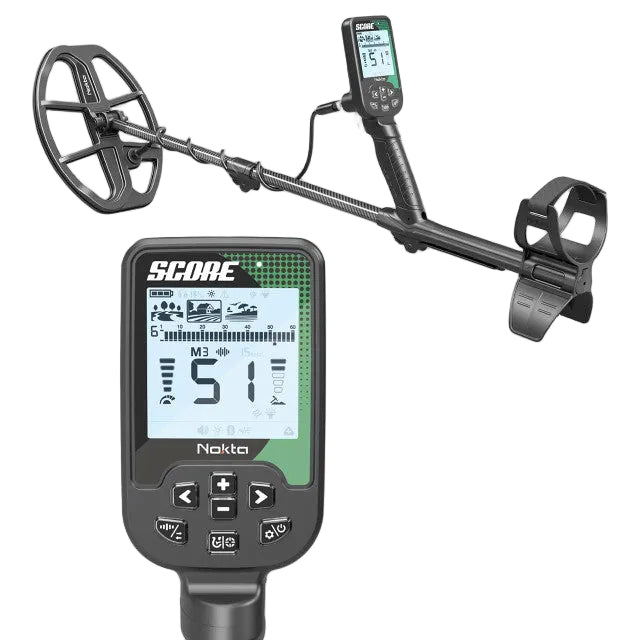 Nokta Score metal detector with a black coil, handle, and display controller, shown on a clean white background.