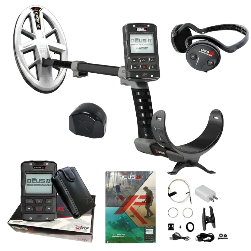 Deus 2 - Gold Package metal detector set with a silver and black coil, handheld controller, headband, stand, battery, carrying case, accessories, and packaging on a white background, with Big Boys Hobbies logo.