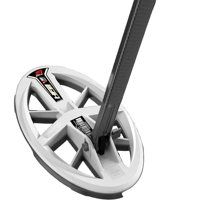 A metal detector with a white circular coil and a long black handle, shown on a plain white background. The coil has a visible 'Rex' logo.